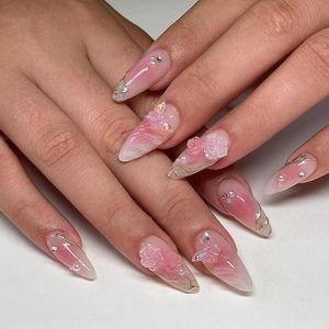 Allecto plus - Roze amandel press-on kunstnagels, 24 stuks, ombre, parels, vlinder, bloem, strass