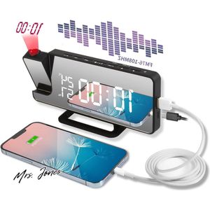 Mrs. Jones Digitale wekker met projectie en spiegelscherm - luchtvochtigheid wekker radiowekker dubbel alarm 12/24 uur .