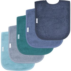 Funnies - Set van 5 Zachte Slabbertjes in de kleuren marineblauw, zijdeblauw, meergroen, grijsblauw en lichtblauw - Perfect om de kleding te beschermen tijden het eten.