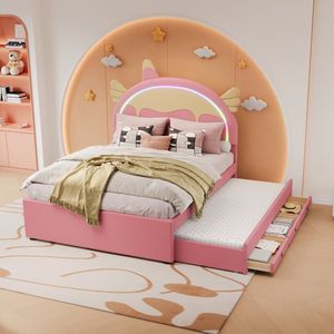 Sweiko Cartoon Kinderbed 140*200cm, Eenhoorn vorm, met LED verlichting, Uitgerust met Uitschuifbaar roll-out bed, PU materiaal, Roze