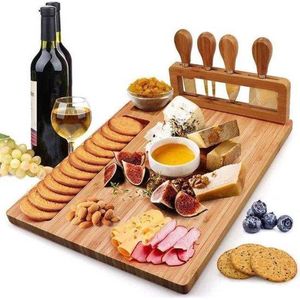 Serveerplank Hout - Borrelplank Hout - Tapasplank met Dipschaal - Kaasplank met Kaasmesjes - Bamboe Hout