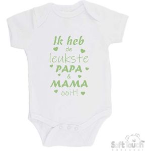 100% katoenen Romper ""Ik heb de leukste papa & mama ooit!"" Unisex Katoen Wit/sage green (saliegroen) 56/62