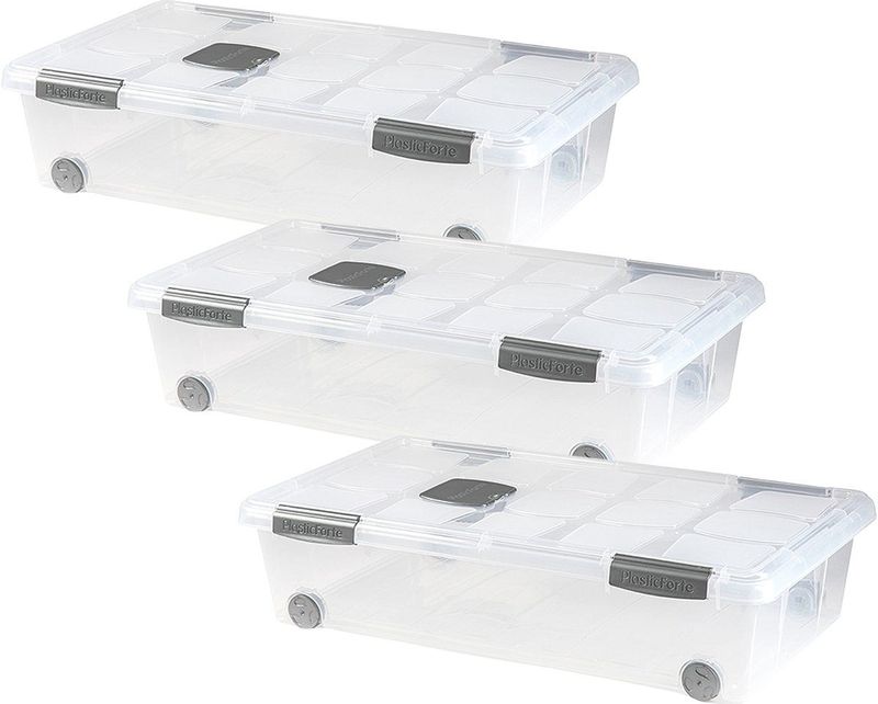 PlasticForte - Opslagbox - Transparant - 3x 30L - Met Deksel - Opbergbak Met Wielen