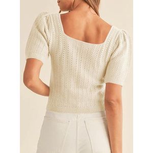 Women's Pullover Short Sleeve V-Neck Knitted Jumper Summer Puff Sleeve Top Crochet Blouses Tops Elegant Lightweight Pullover Sweatshirt
