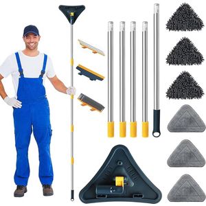 S&Dshopline® - Verstelbare reinigingsmop, driehoekige reinigingsmop, vloerwisser met lange handgreep, 180 graden draaibare wandmop voor grondige reiniging van het hele huis