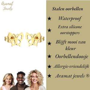 Aramat Jewels - Goudkleurige Oorbellen - Vlinder - Staal - 9mm - Oorbellen Meisje - Vlinder Oorstekers - Stijlvol Cadeau - Feestdagen - Oorbellen goudkleurig