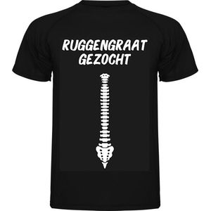 T-shirt Unisex Volwassenen Grappig Tekst ""Ruggengraat gezocht"" Op Achterkant | korte mouw | Zwart/wit | maat XL
