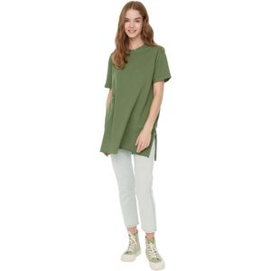 Trendyol Khaki 100% Katoen Basic Korte Mouw Split Jersey Basislaag T-Shirt Tctss21Tn0056