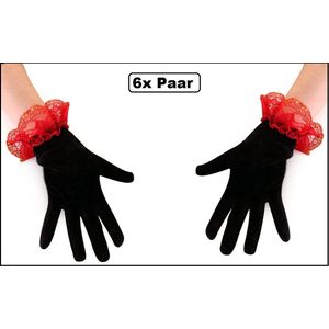 6x Paar handschoenen met rood kant - Piraat - Day of the Dead - Halloween - festival thema feest