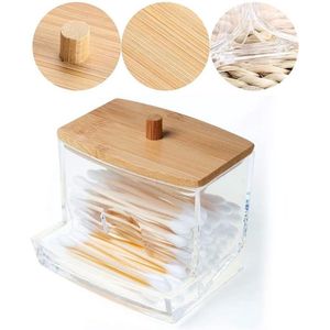 Wattenstaafjes houder-Met bamboe deksel-Acryl-Bakje voor wattenschijfjes-Oorstaafjeshouder-Transparant/Natuur-7.2*7.9*8.8cm-Decoratief-Voor watten-wattenstaafjes of sieraden - Wattenstaafjes dispenser Bamboe/Kunststof