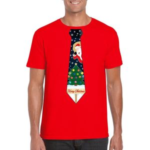 Rood kerst T-shirt voor heren - Kerstman en kerstboom stropdas print XL