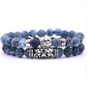 Bixorp Gems 2 Natuursteen Boeddha Armbanden van Verweerde Agaat - Blauwe Kralenarmband met Stainless Steel / Roestvrij Staal