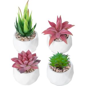 Kunstplanten in pot, set met 4 vetplanten, witte mini-keramische potten, kleine plantenpotten voor binnen, badkamer, slaapkamer, decoratieve ornamenten, rood + groen