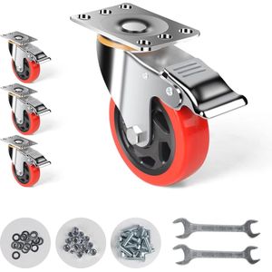 Zware wielen 75 mm transportwielen met rem - Industriële rollen - Meubelwielen - Plaatzwenkwielen - Palletwielen - 600 kg capaciteit - Rood