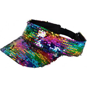 Zonneklep regenboog - Zonnepet - Voor dames en heren - Met klittenbandsluiting - Pride - Pailletten - Multicolor