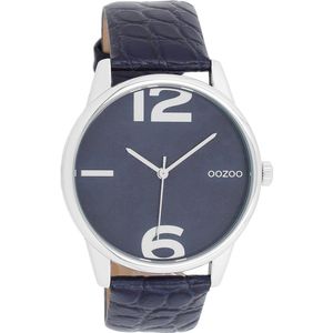 OOZOO Timepieces - Zilverkleurige horloge met avond blauwe leren band - C10377