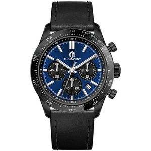 THOMASINY® CHRONOGRAAF Horloge - Heren Horloge - Horloges Voor Mannen - Chronograaf Uurwerk - Polshorloge - Blauw Met Zilveren Accenten - Zwarte Leren Band