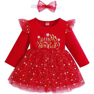 Allecto Plus - Kerstoutfit voor baby meisjes met rode tutu jurk en lange mouwen - Peuter/kleuters - Inclusief hoofdband
