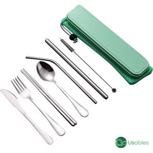 Usables Luxe Groene Mes Lepel Vork Rietje Set - Roestvrij Staal - Hoge Kwaliteit - Draagbaar Doosje - Herbruikbaar - Ecofriendly - Wheat Straw Plastic - Graan Plastic - Duurzaamheid - Milieubewust - Zero Waste - Usables Collectie