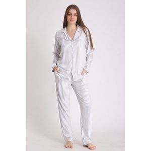Katoen - Satijn Dames 2- Delige -Pyjama- Luxe Pyjamaset- Nachtkleding Wit/Grijs Gestreept- Cadeau voor Vrouwen- Maat S