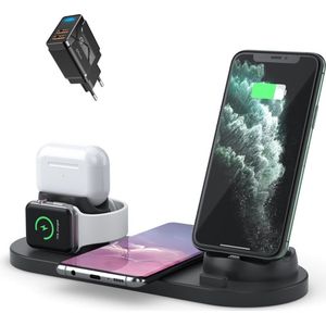 DrPhone Legend15 – 6 In 1 Draadloze Dock – Draadloze Oplaadstation – Plug And Play – Geschikt Voor Geschikt voor Telefoon, Smartwatch & Draadloze oordoppen - Zwart