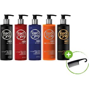 5-pack Mix Voordeelbundel Red One Aftershave Cream Cologne 400ml + Cosmeticall Stylingkam - Revitaliserend en Verkoelend - Eau de Cologne - Kolonya - Intense Frisheid - Voorkom Huidirritatie en een Branderig Gevoel - Sensationele Geurbeleving