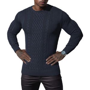 Dikke kabelgebreide heren wintertrui met ronde hals en lange mouwen