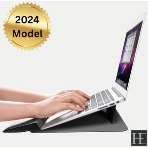 Heeren – Zwarte Premium Laptophoes – 15.4 inch – 3in1 – Ergonomische Laptopstandaard – Comfort Handsteun – Duurzaam leer – Magnetische Beveiliging – Universele Pasvorm