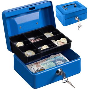 H&S Money Box Tin 6"" Steel Cash Safe Box Petty Cash Deposit Tin with Lock 2 Keys - Blue