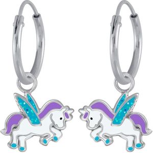Joy|S - Zilveren eenhoorn oorbellen met blauwe glitter vleugeltjes eenhoorn oorringen