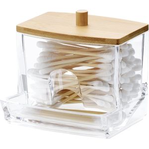 Navaris - Transparante Wattenstaafjes Houder - Transparant - Bamboe Deksel - Polystyreen