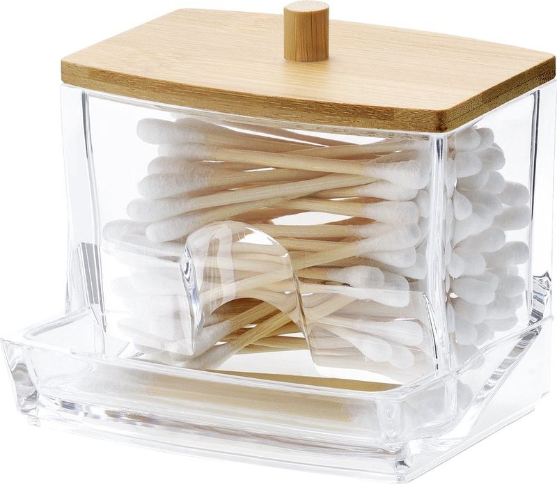 Navaris - Transparante Wattenstaafjes Houder - Transparant - Bamboe Deksel - Polystyreen