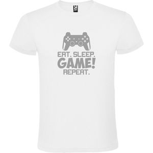Wit t-shirt met tekst 'EAT SLEEP GAME REPEAT' print Zilver  size 3XL