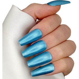 SD Press on Nails - B-99 - Plaknagels - Nagelset 20 Nagels - Metallic Blauw - Gellak - Nagellak - Lang Coffin - Nageltips - Nepnagels met Lijm - Kunstnagels - Nail Art - Handmade - Valse nagels - Nagelvijl - Accessoires - Nepnagels