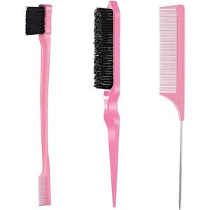 3-Piece Toupier Brush Set - Double Edge Brush - Comb - Brush Hair Brush - Care Edge Brush - Robust Rat Tail Comb - Hairdressers - Women - Babies - Kids - Pink