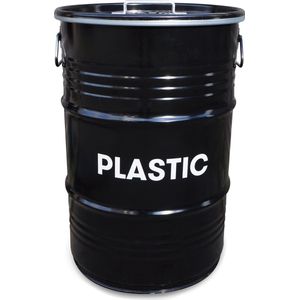 BinBin Handle industriële plastic  afvalscheiding prullenbak 60 Liter olievat met handvat deksel- zwart metaal
