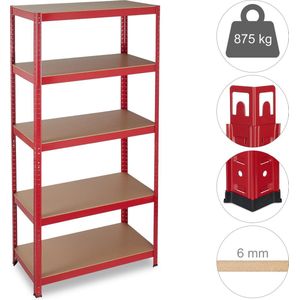 Relaxdays stellingkast rood - opbergrek - tot 875 kg belastbaar - 180 cm hoog