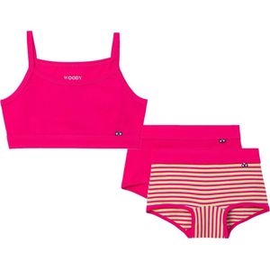 Woody ondergoed set meisjes - streep - fuchsia - 1 topje en 2 boxers - maat 164