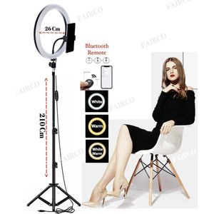 LED Ring Light 26Cm met Statief 210 CM hoog Inclusief Bluetooth afstandsbediening en Telefoonhouder - Smartphone Tripod - LED Ringlamp - Ring Light - flitser - Make-up light - Studiolamp – Fairco