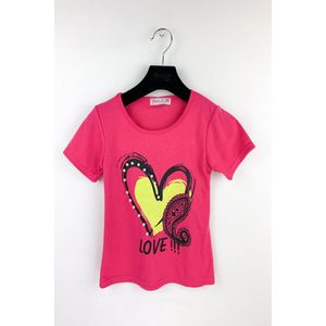 T-shirtje met hartje voor meisjes - donker roze - 7/8 jaar