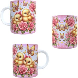 Koffie beker - thee mok gouden vogels - vlinders roze roosjes