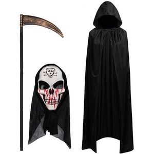 Magere Hein Halloweenkostuum - Zwarte Cape met Capuchon en Horrormasker