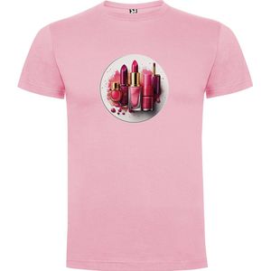 Roze T-Shirt met “Kleurrijke Make-up Set Lippenstift en Nagellak “ Print Full Color Maat S