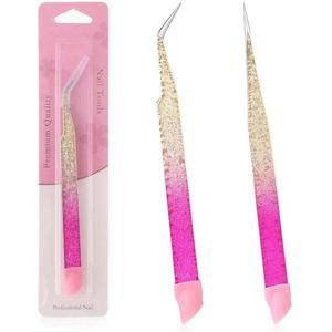 TRANKIELO® - Roestvrijstalen Pincetten Set voor Nageldecoratie & Wimperverlenging – Fijne & Gebogen Punten – Siliconen printkop – Duurzaam & Stijlvol