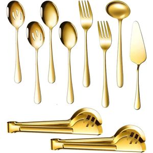 10 stuks grote gouden serveergereiset, roestvrijstalen serveergereiset met grote serveerlepels, sleuflepels, serveervorken, soeplepel, taartschep en serveertang