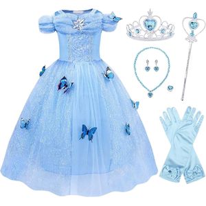 Prinsessenjurk meisje - Blauwe jurk met vlinders - maat 110/116 (120) - Het Betere Merk - Verkleedkleding meisje - Kroon - Tiara - Carnavalskleding Kind - Kleed - Lange handschoenen