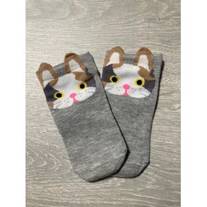 Leuke dieren enkelsokken Catroon style sokken - Grijs met bruin-wit - Unisex Maat 35-39