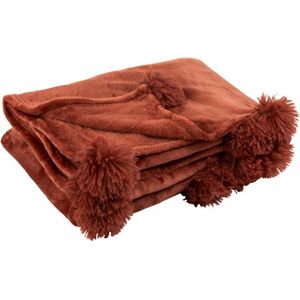 J-Line Plaid Pompom - fleece deken - polyester - Marsala rood - 170 x 130 cm - woonaccessoires