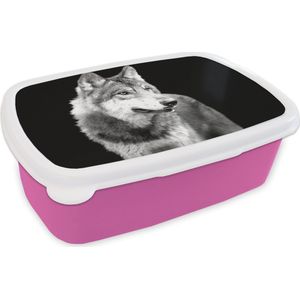 Broodtrommel Roze - Lunchbox - Brooddoos - Grijze wilde wolf - zwart wit - 18x12x6 cm - Kinderen - Meisje