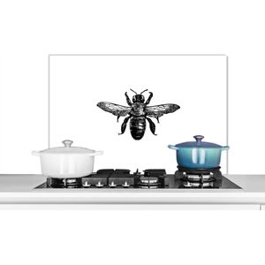 Spatscherm Keuken - Kookplaat Achterwand - Spatwand Fornuis - 90x60 cm - Bij - Insect - Vintage - Zwart wit - Aluminium - Wanddecoratie - Muurbeschermer - Hittebestendig